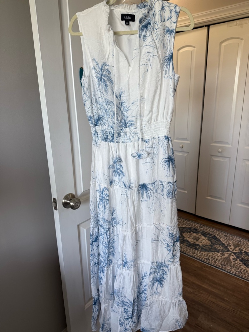 MSK White Maxi Dress with Blue Palm Print